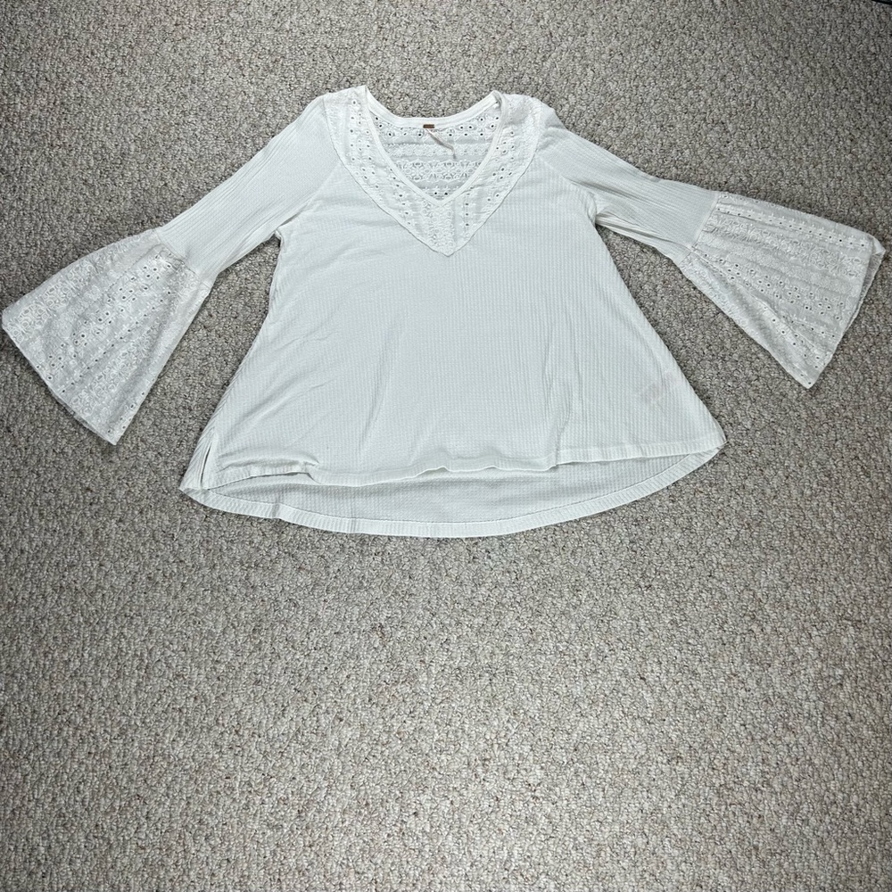 Free People Womens Small White Ivory Tunic V Neck Lace Detail Bell Sleeve